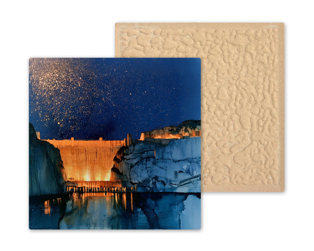 Hoover Dam Night Sky Wall Art Ceramic Tile Alcohol Ink Style Starry Desert Nevada Landmark Southwest Travel Decor