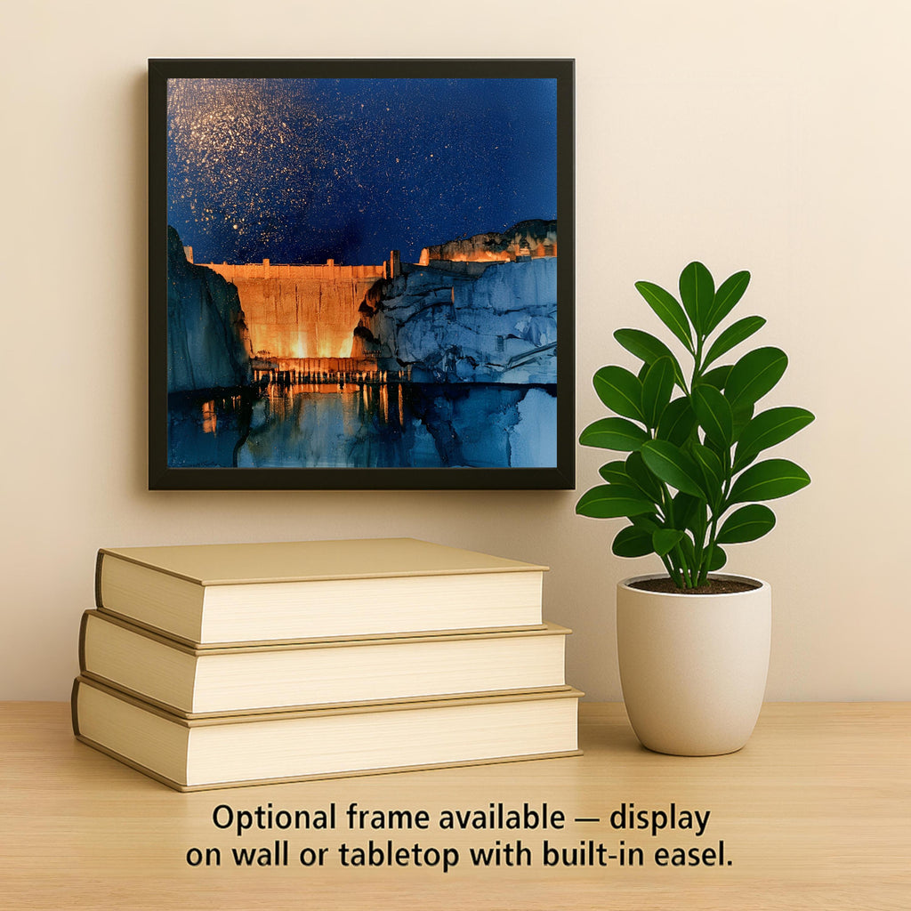 Hoover Dam Night Sky Wall Art Ceramic Tile Alcohol Ink Style Starry Desert Nevada Landmark Southwest Travel Decor