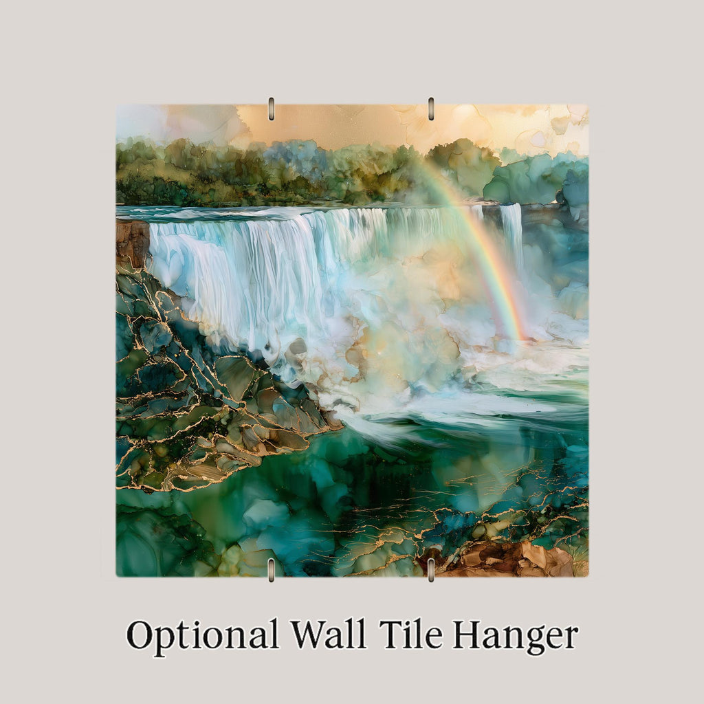 Niagara Falls Rainbow Wall Art Ceramic Tile Alcohol Ink Style Waterfall Mist New York Landmark Travel Home Decor