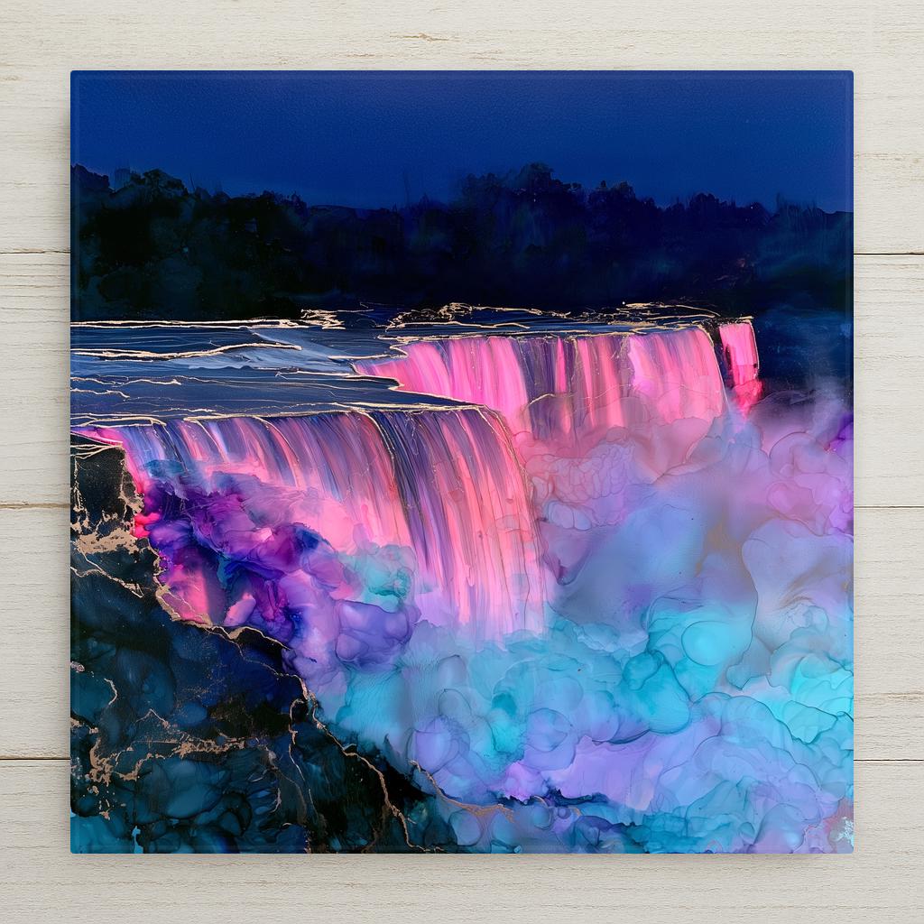 Niagara Falls ceramic art tile in an alcohol ink style — the falls at night under pink, violet, and turquoise floodlights, glowing mist rising against a dark sky.