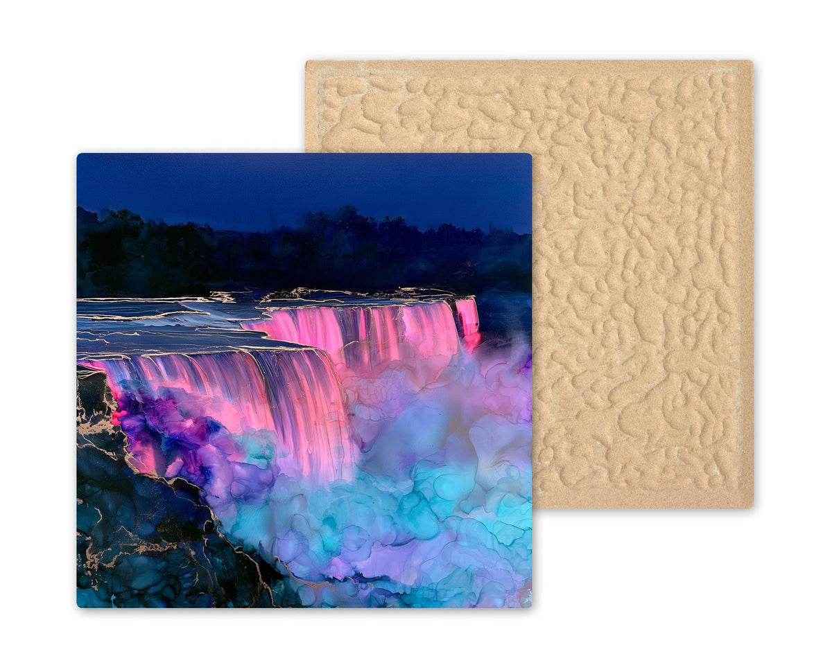Niagara Falls Night Wall Art Ceramic Tile Alcohol Ink Style Illuminated Waterfall New York Landmark Travel Decor