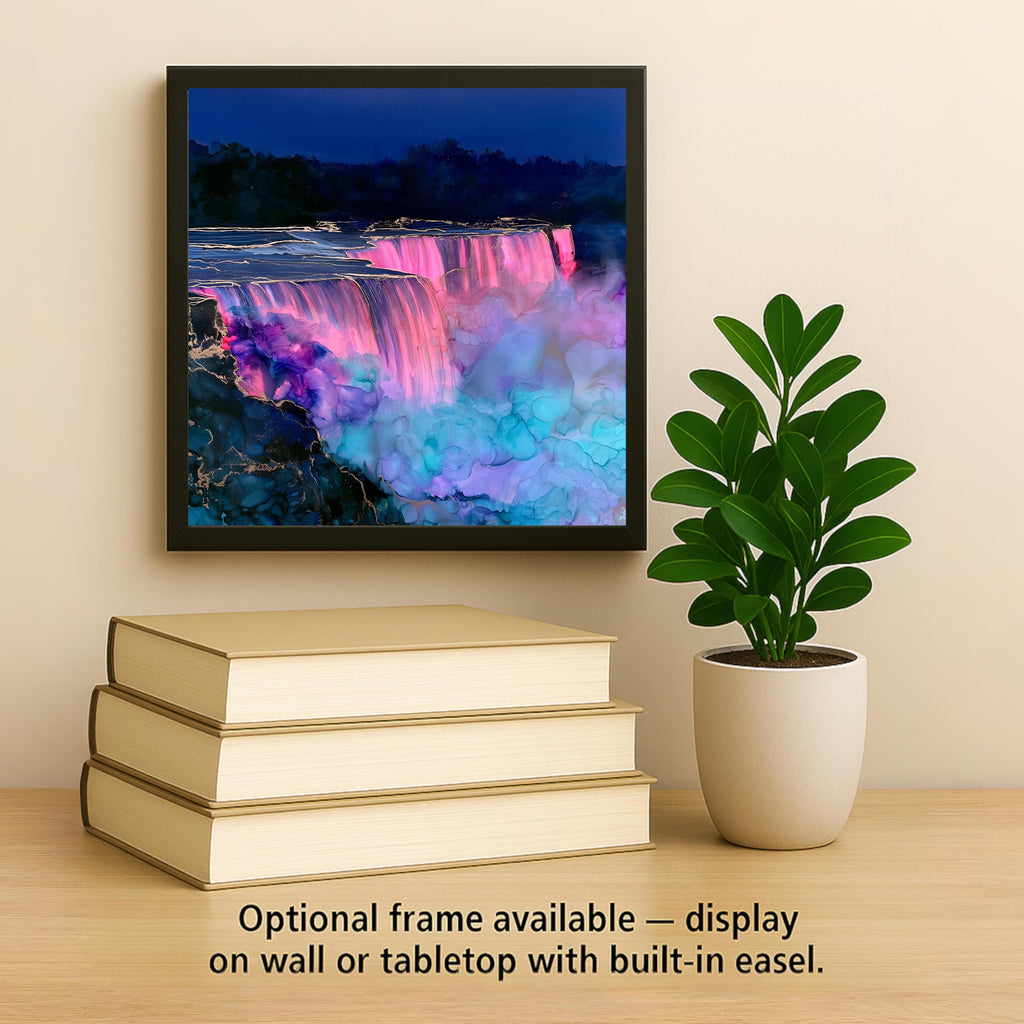 Niagara Falls Night Wall Art Ceramic Tile Alcohol Ink Style Illuminated Waterfall New York Landmark Travel Decor