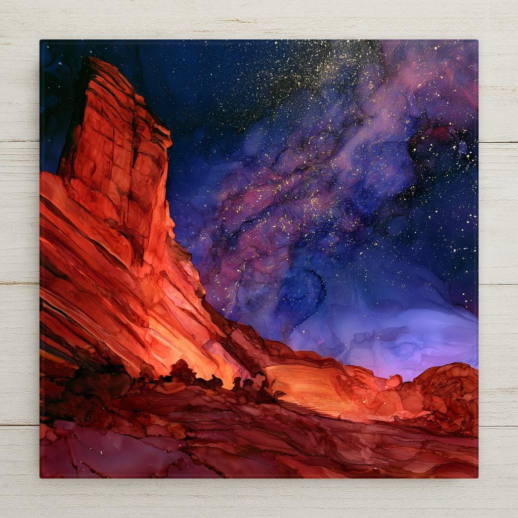 Red Rocks Colorado ceramic art tile in an alcohol ink style — the Milky Way in cobalt and violet ink with gold-speckled stars over the glowing red sandstone monoliths.