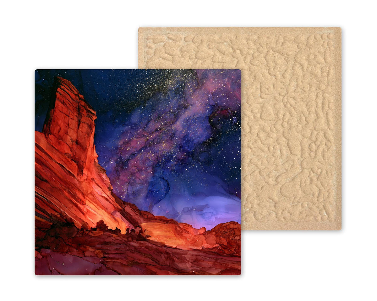 Red Rocks Colorado Wall Art Ceramic Tile Alcohol Ink Style Milky Way Night Sky Mountain Landmark Travel Decor