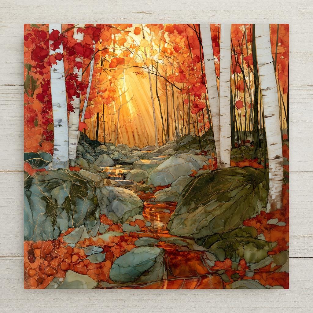 Smugglers Notch ceramic art tile in an alcohol ink style — white birch trunks and a rocky brook in a Vermont fall forest, golden light shafts pouring through an amber and scarlet canopy.