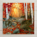 Smugglers Notch ceramic art tile in an alcohol ink style — white birch trunks and a rocky brook in a Vermont fall forest, golden light shafts pouring through an amber and scarlet canopy.