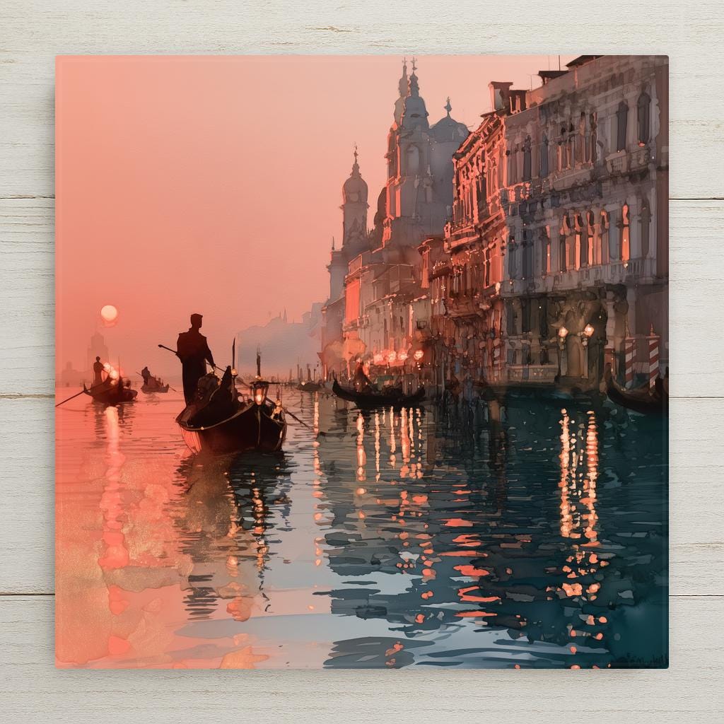 Venice ceramic art tile in an alcohol ink style — a gondolier silhouetted on the Grand Canal at sunset, coral sky, lantern-lit palazzo facades reflecting in rippled teal water.