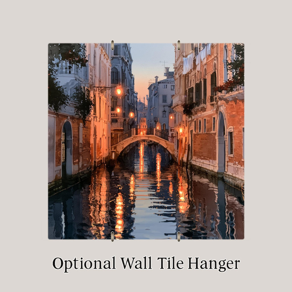 Venice Canal Wall Art Ceramic Tile Alcohol Ink Style Lantern Bridge at Dusk Italian Wall Art Travel Decor