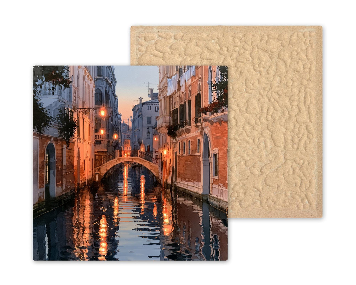 Venice Canal Wall Art Ceramic Tile Alcohol Ink Style Lantern Bridge at Dusk Italian Wall Art Travel Decor