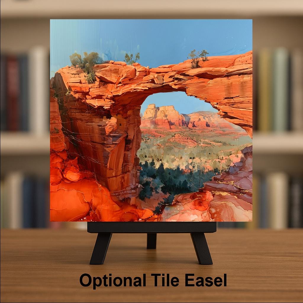 Sedona Arizona Wall Art Ceramic Tile Alcohol Ink Style Devils Bridge Red Rock Arch Desert Travel Decor
