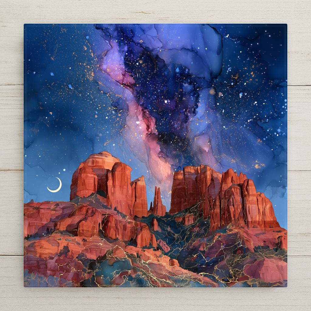 Sedona ceramic art tile in an alcohol ink style — Cathedral Rock at night beneath a cobalt and violet Milky Way with gold-speckled stars and a thin crescent moon low on the horizon.