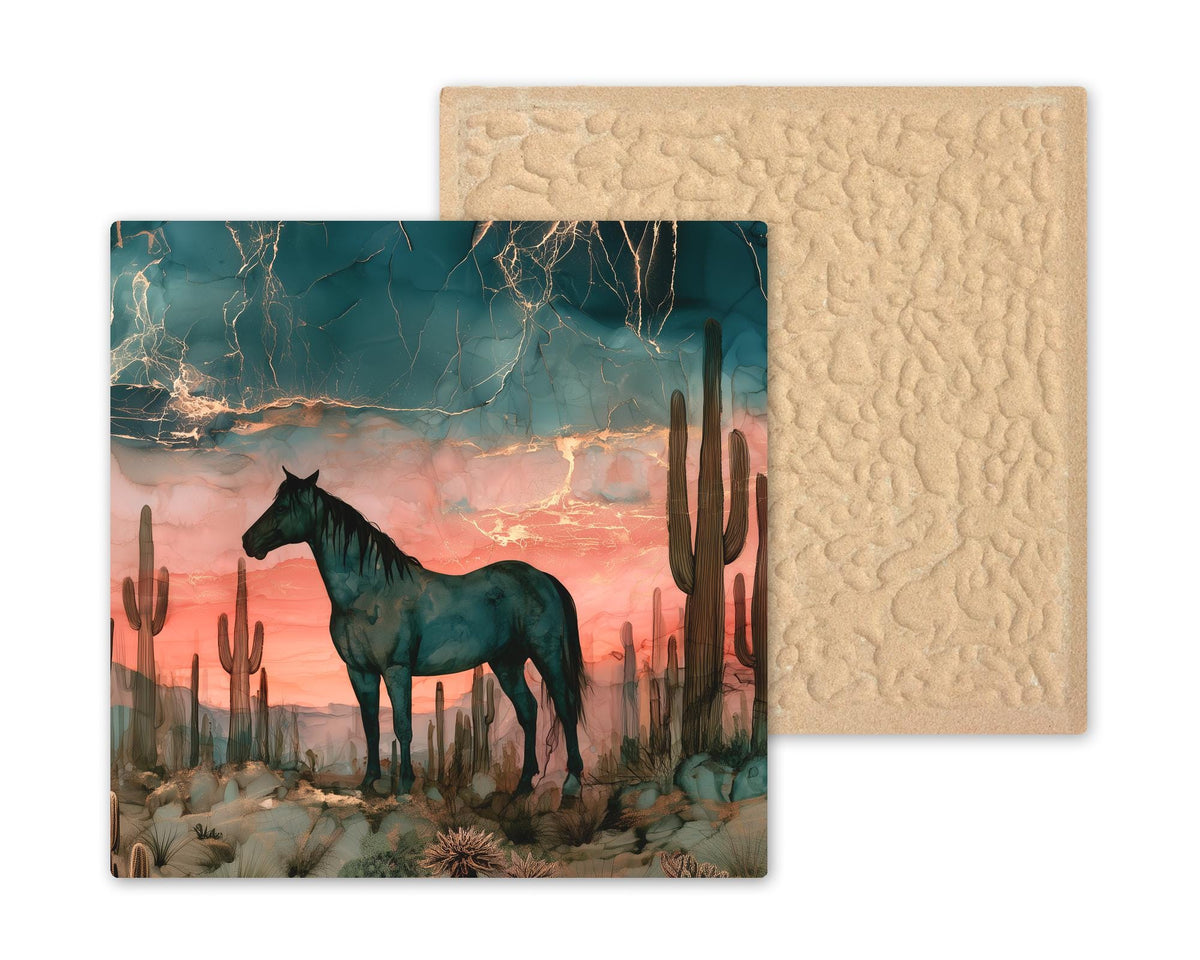 Mustang Ceramic Tile Wall Art Alcohol Ink Style Western Decor Wild Horse in Saguaro Desert Dusk Horse Painting Southwest Art