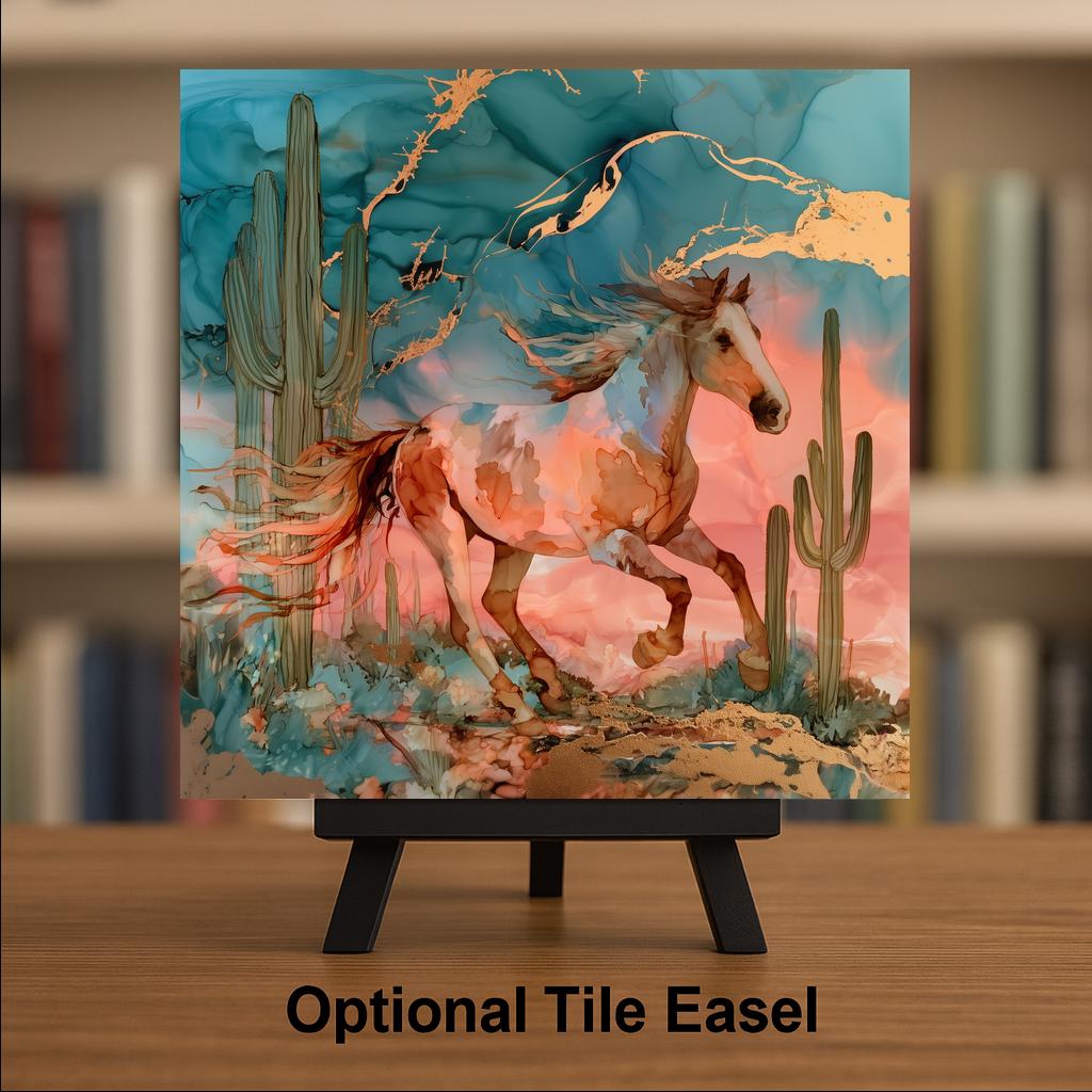 Mustang Ceramic Tile Wall Art Alcohol Ink Style Galloping Paint Horse Desert Sunset Western Decor Southwest Horse Painting