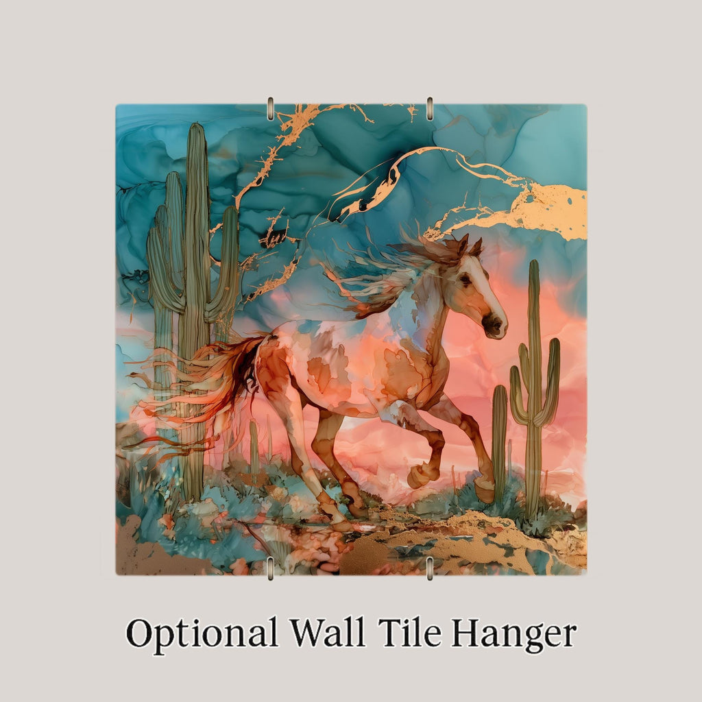 Mustang Ceramic Tile Wall Art Alcohol Ink Style Galloping Paint Horse Desert Sunset Western Decor Southwest Horse Painting