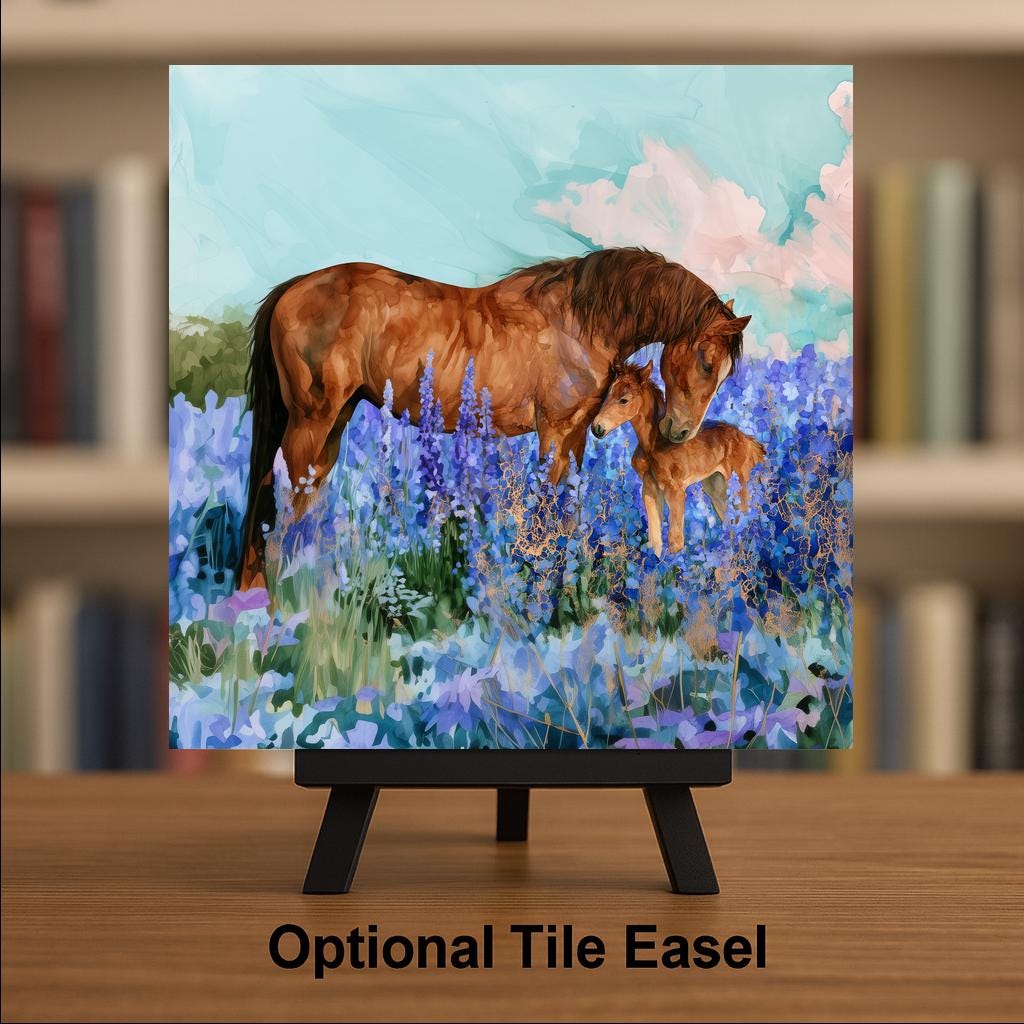 Horse Painting Ceramic Tile Wall Art Alcohol Ink Style Mare and Foal in Lupine Meadow Misty Mountain Wildflower Horse Decor