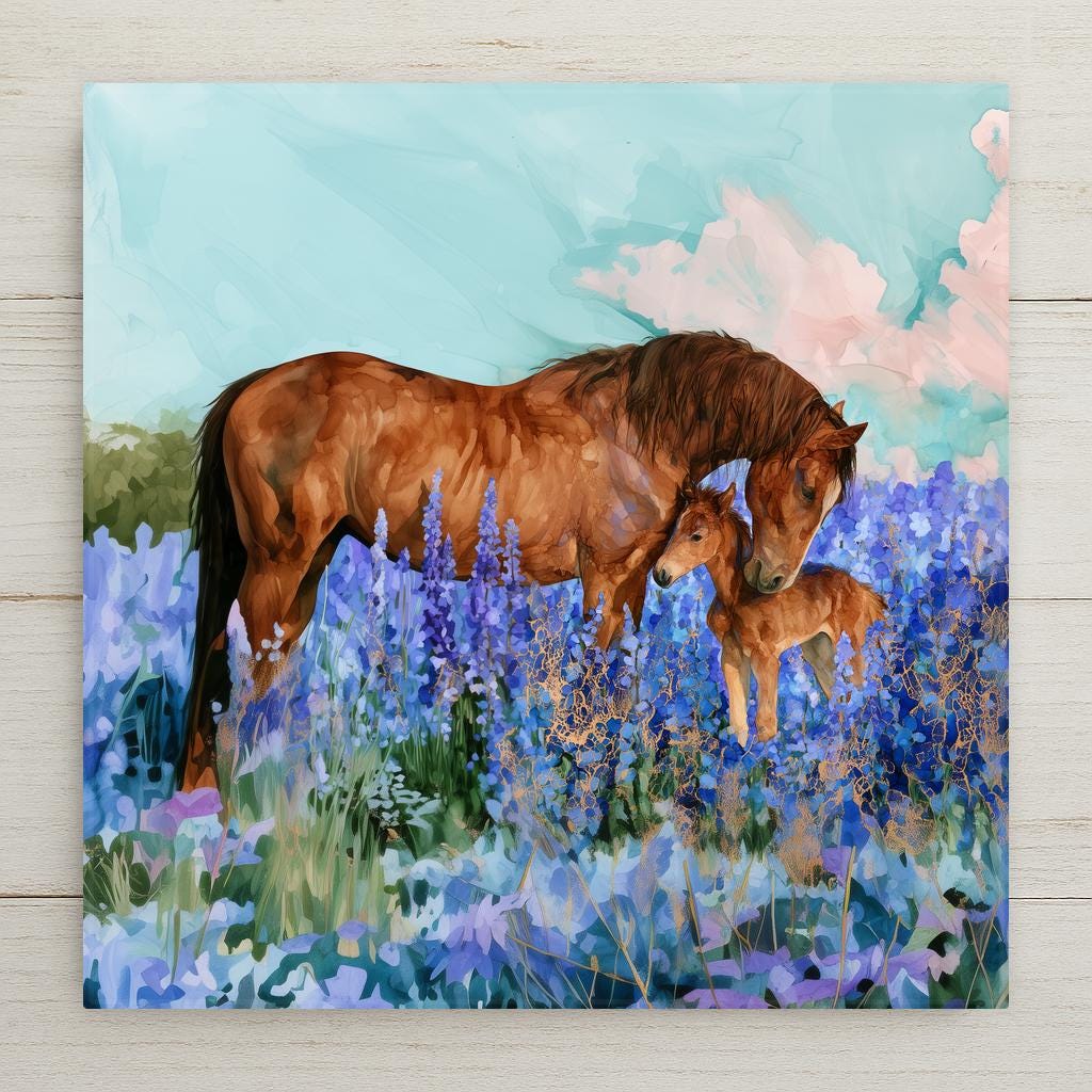 Alcohol ink style ceramic tile of a foal resting beside its mare in a blue lupine wildflower meadow beneath misty mountains, with gold veining.