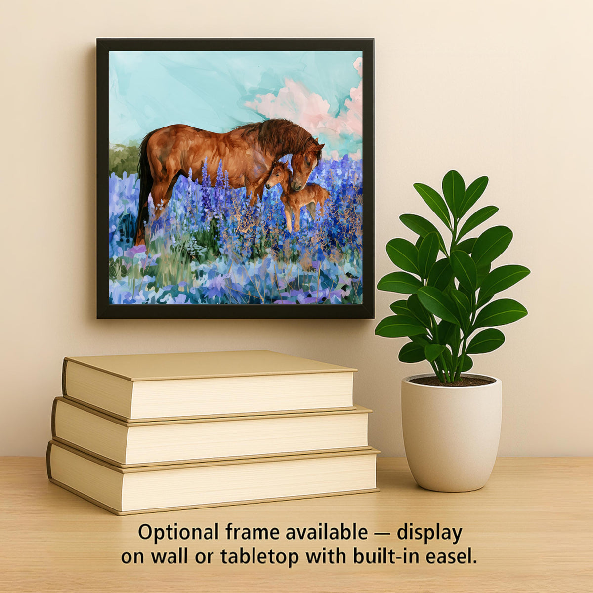 Horse Painting Ceramic Tile Wall Art Alcohol Ink Style Mare and Foal in Lupine Meadow Misty Mountain Wildflower Horse Decor