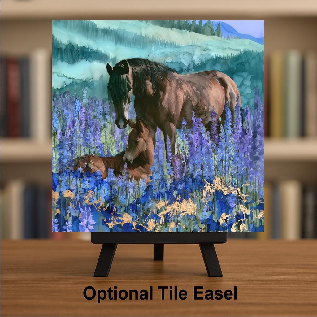 Horse Painting Ceramic Tile Wall Art Alcohol Ink Style Mare and Foal Nuzzling in Blue Lupine Wildflowers Horse Wall Decor