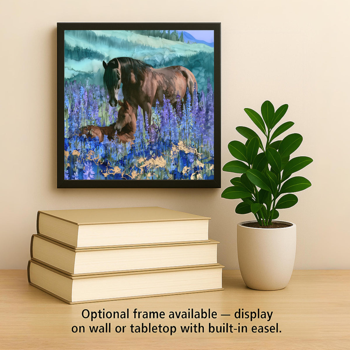 Horse Painting Ceramic Tile Wall Art Alcohol Ink Style Mare and Foal Nuzzling in Blue Lupine Wildflowers Horse Wall Decor