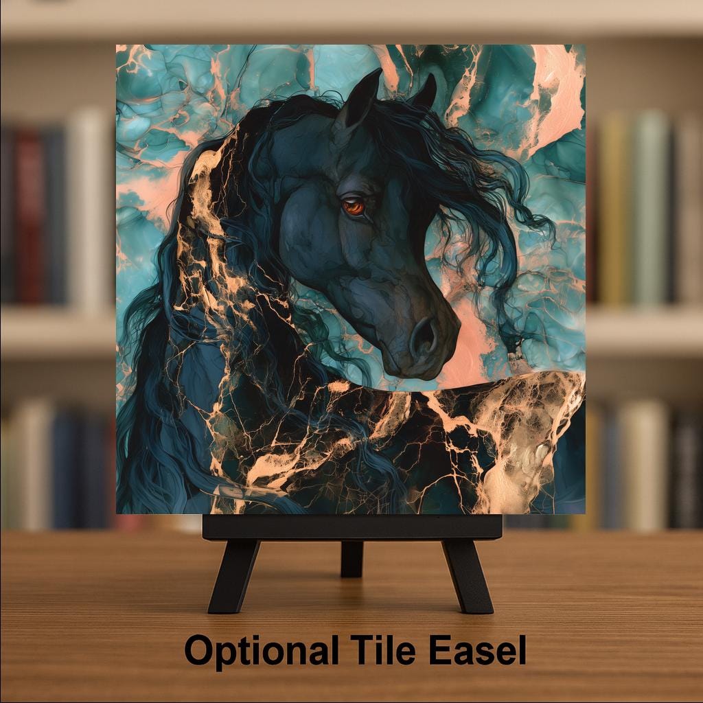 Arabian Horse Ceramic Tile Wall Art Alcohol Ink Style Black Arabian Portrait Gold Mane Teal Decor Elegant Horse Painting
