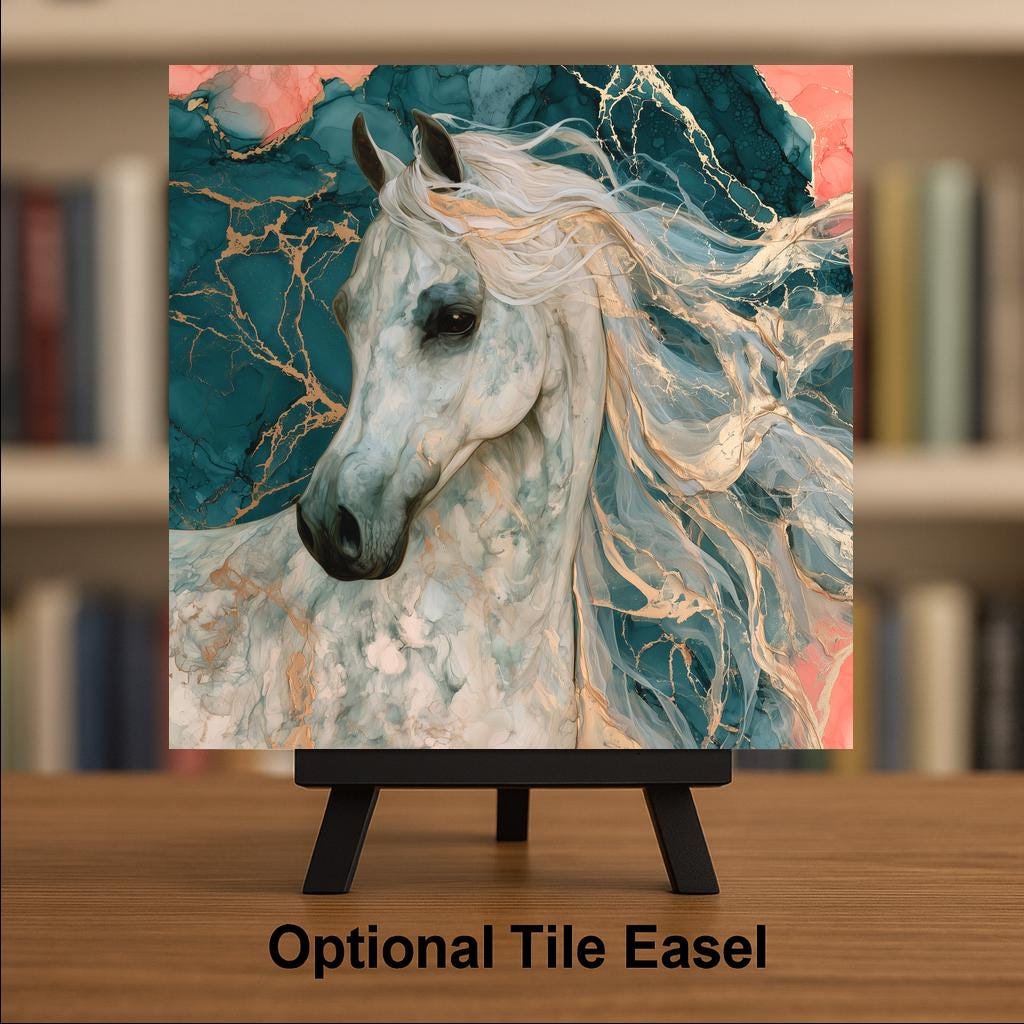 Arabian Horse Ceramic Tile Wall Art Alcohol Ink Style White Arabian Portrait Flowing Gold Mane Teal Coral Horse Painting