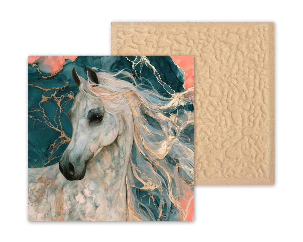 Arabian Horse Ceramic Tile Wall Art Alcohol Ink Style White Arabian Portrait Flowing Gold Mane Teal Coral Horse Painting