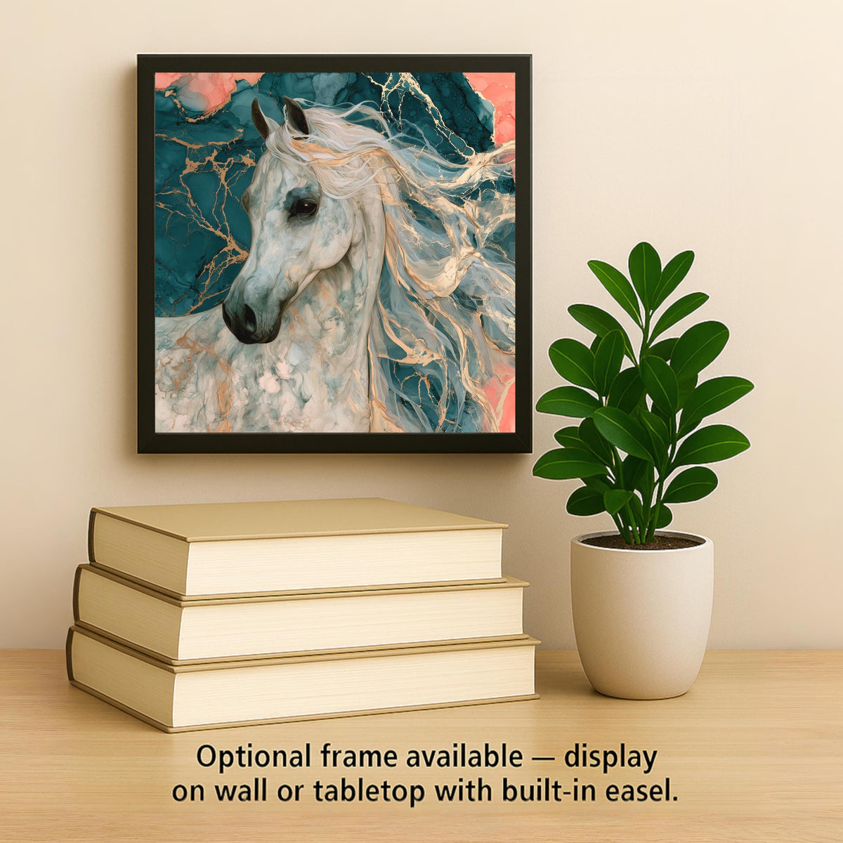 Arabian Horse Ceramic Tile Wall Art Alcohol Ink Style White Arabian Portrait Flowing Gold Mane Teal Coral Horse Painting