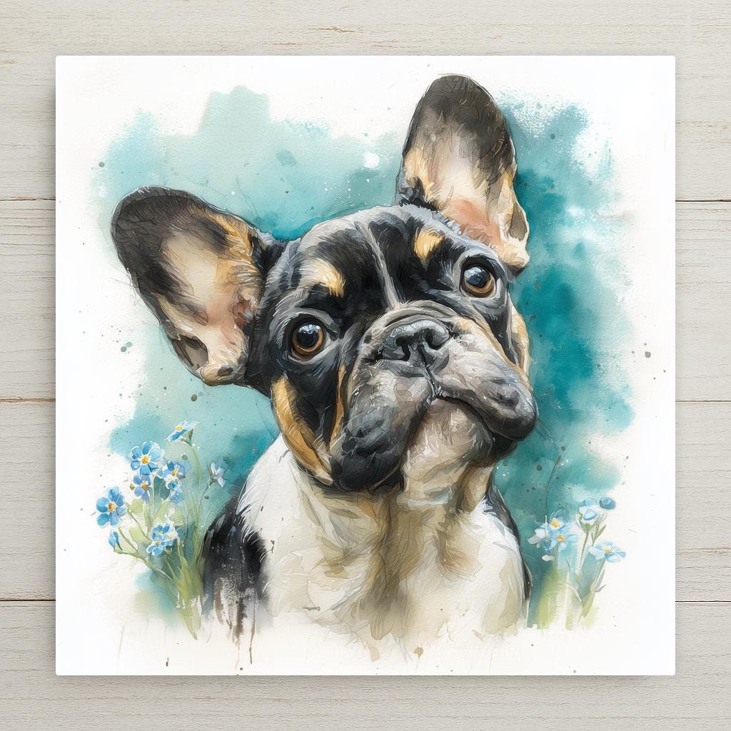 Watercolor portrait of a black, tan and white French Bulldog with large bat ears and a tilted head against a teal wash, with blue forget-me-not flowers at both lower corners, printed on a glossy ceramic art tile.