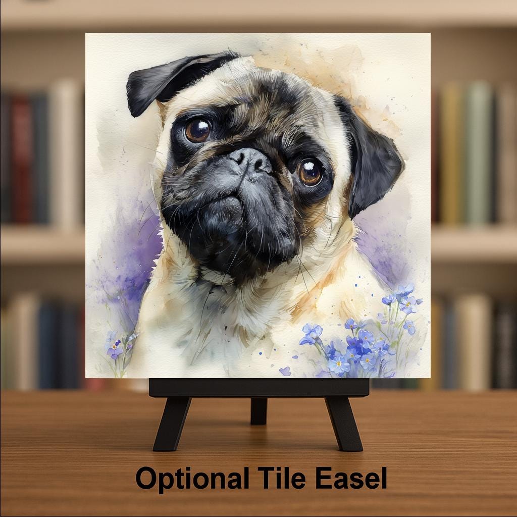 Pug Ceramic Tile Wall Art Watercolor Style Dog Painting Forget Me Not Flowers Pet Memorial Keepsake Dog Mom Decor Puppy Eyes