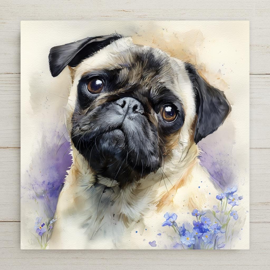 Watercolor portrait of a fawn Pug with a black mask and folded black ears, head tilted with large dark eyes, lavender wash behind and blue forget-me-not flowers at the lower right, printed on a glossy ceramic art tile.