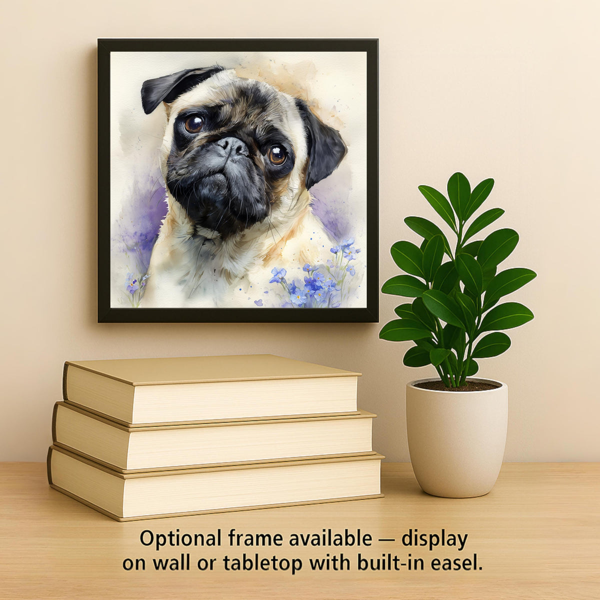 Pug Ceramic Tile Wall Art Watercolor Style Dog Painting Forget Me Not Flowers Pet Memorial Keepsake Dog Mom Decor Puppy Eyes
