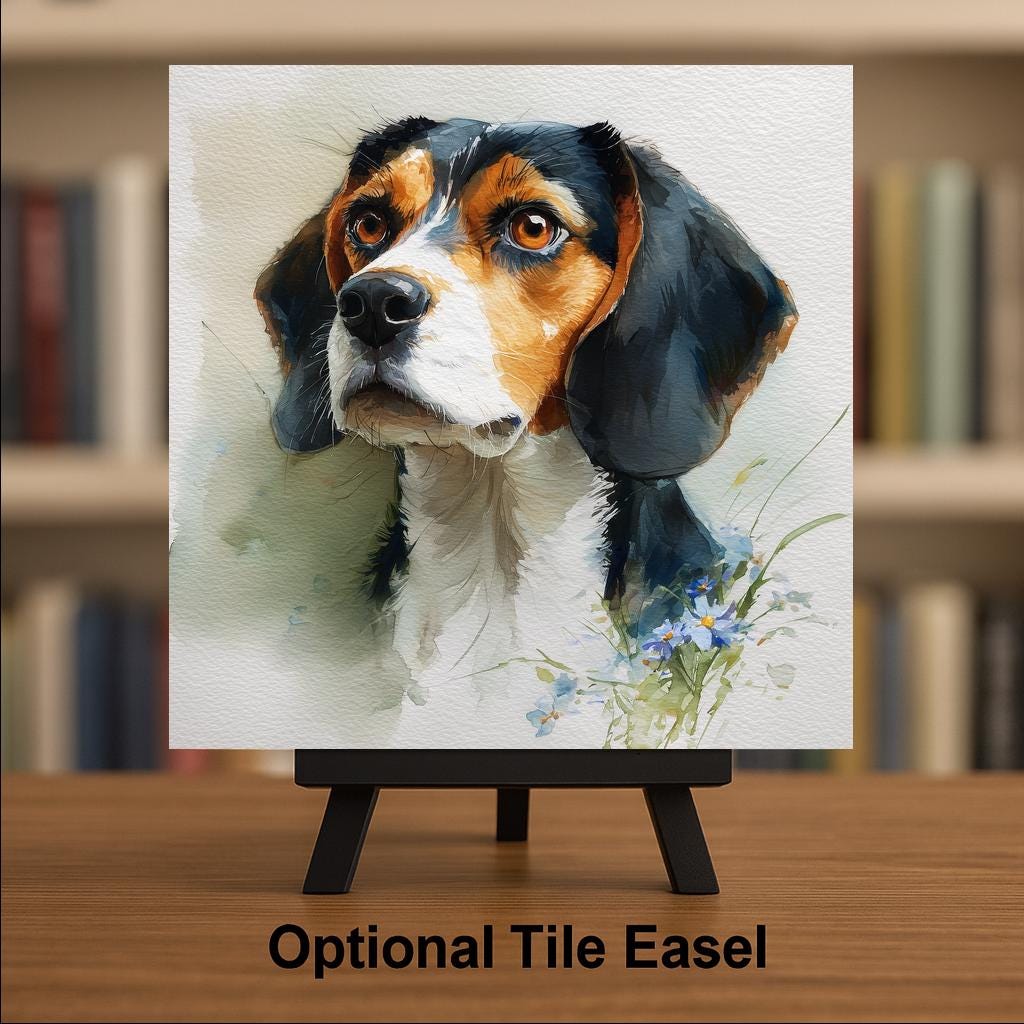 Beagle Ceramic Tile Wall Art Watercolor Style Dog Painting Forget Me Not Wildflowers Pet Memorial Keepsake Dog Lover Decor