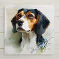 Watercolor portrait of a tricolor Beagle with long dark ears, tan face and white blaze, gazing upward, with small blue wildflowers at the lower right on textured paper, printed on a glossy ceramic art tile.