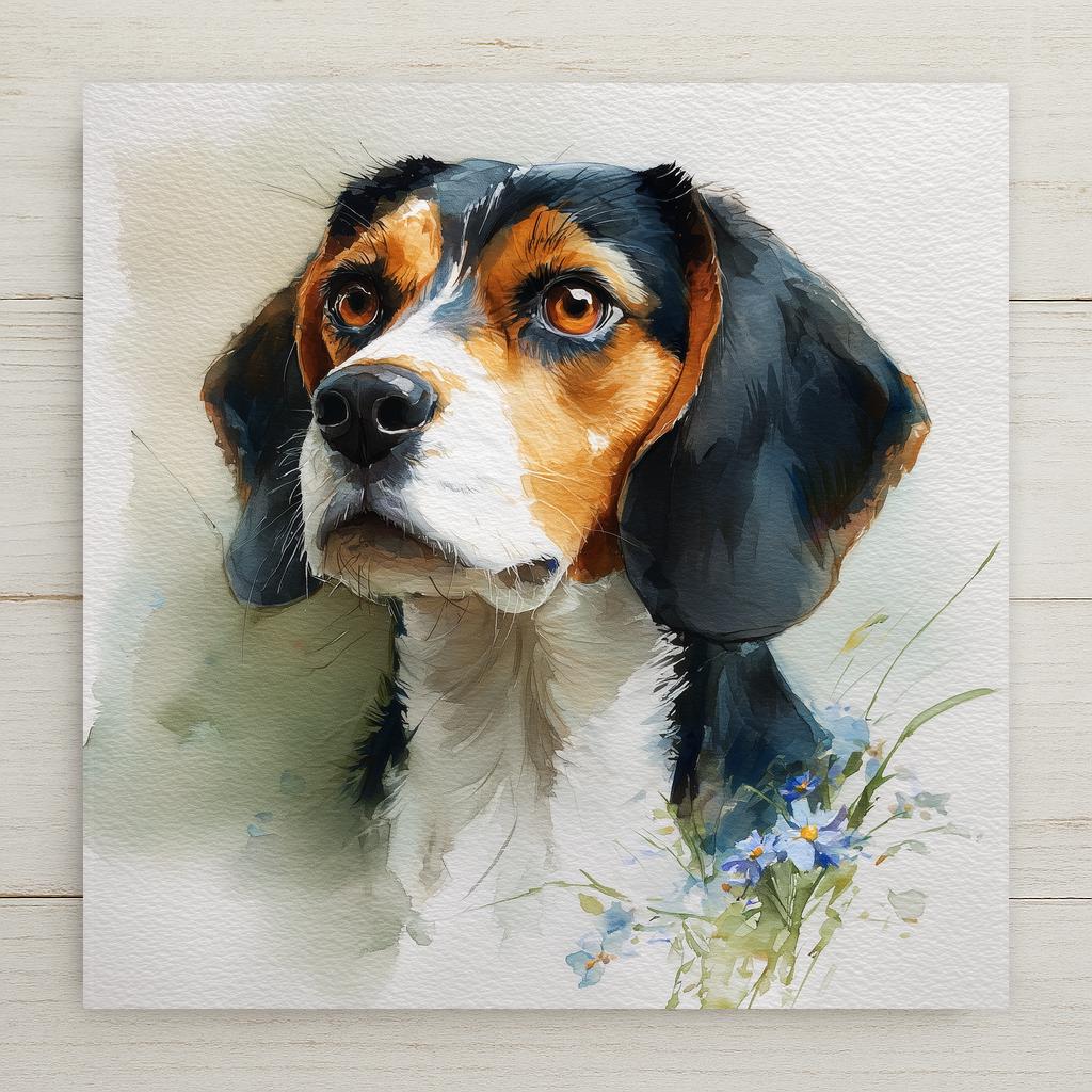 Watercolor portrait of a tricolor Beagle with long dark ears, tan face and white blaze, gazing upward, with small blue wildflowers at the lower right on textured paper, printed on a glossy ceramic art tile.