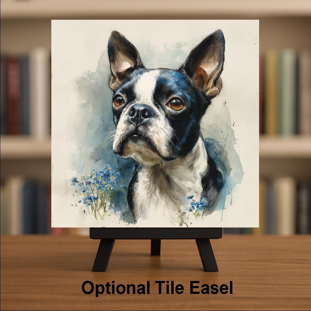 Boston Terrier Ceramic Tile Wall Art Watercolor Style Dog Painting Forget Me Not Flowers Pet Memorial Keepsake Dog Decor