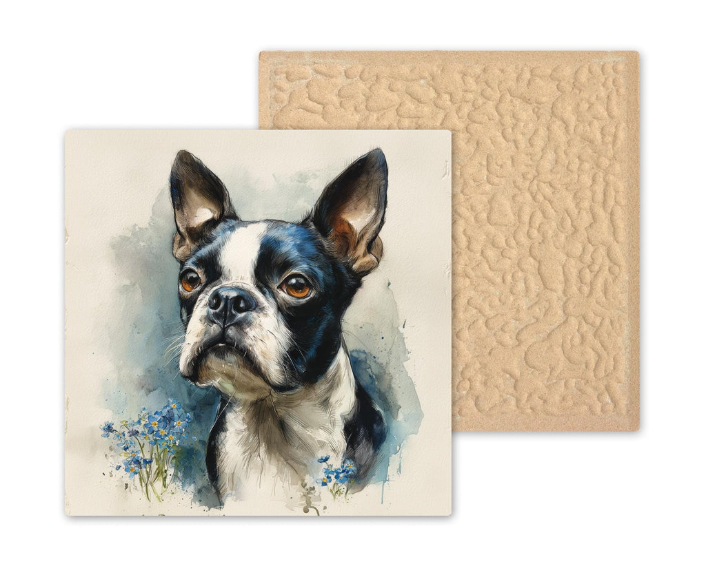 Boston Terrier Ceramic Tile Wall Art Watercolor Style Dog Painting Forget Me Not Flowers Pet Memorial Keepsake Dog Decor