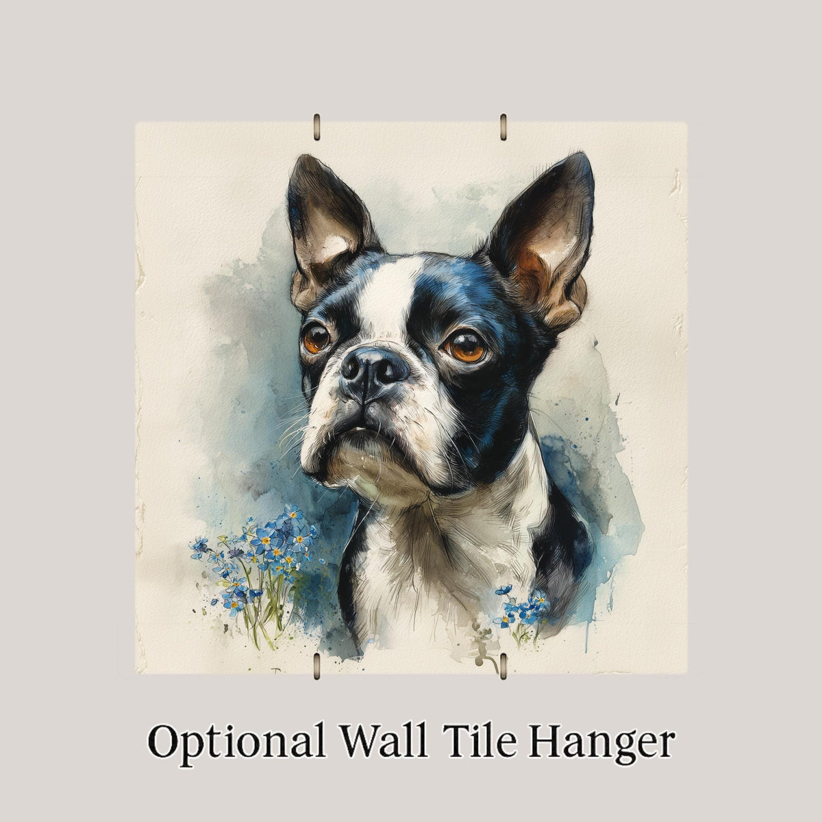 Boston Terrier Ceramic Tile Wall Art Watercolor Style Dog Painting Forget Me Not Flowers Pet Memorial Keepsake Dog Decor