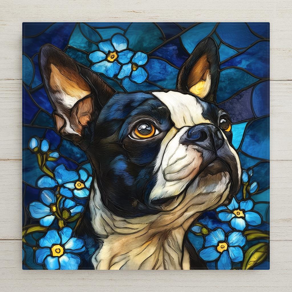 Stained glass style portrait of a black and white Boston Terrier with upright ears and amber eyes looking up, dark leaded lines over deep blue glass, blue forget-me-not flowers around the shoulders, printed on a glossy ceramic art tile.