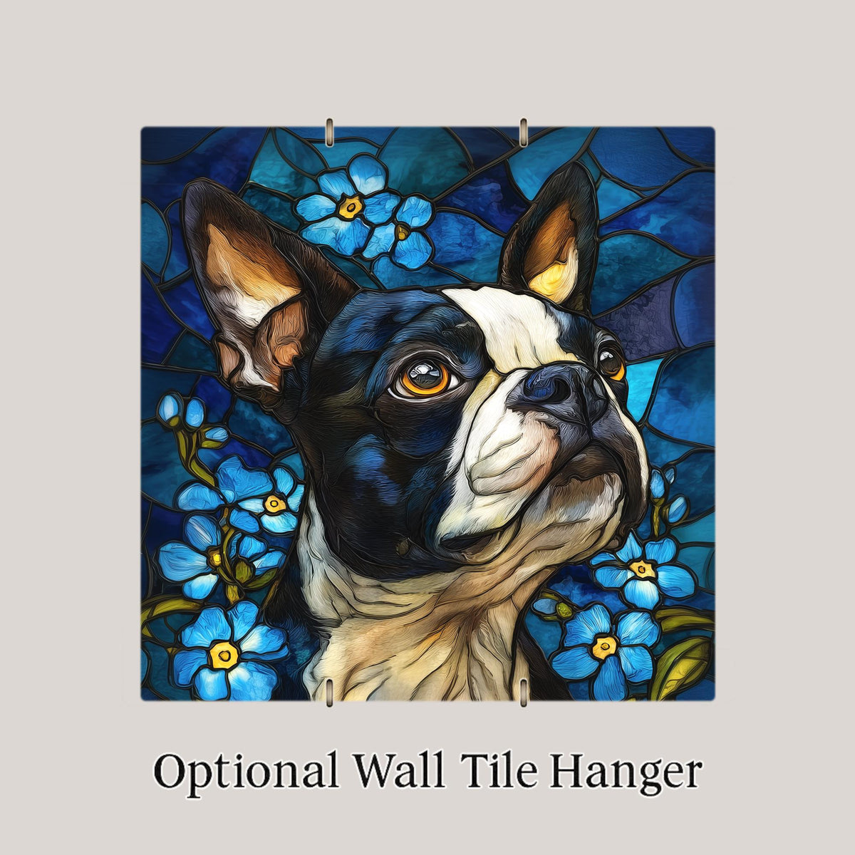 Boston Terrier Stained Glass Style Ceramic Tile Wall Art Forget Me Not Flowers Pet Memorial Keepsake Dog Lover Decor