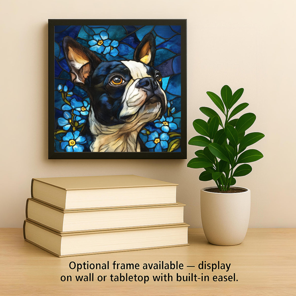 Boston Terrier Stained Glass Style Ceramic Tile Wall Art Forget Me Not Flowers Pet Memorial Keepsake Dog Lover Decor