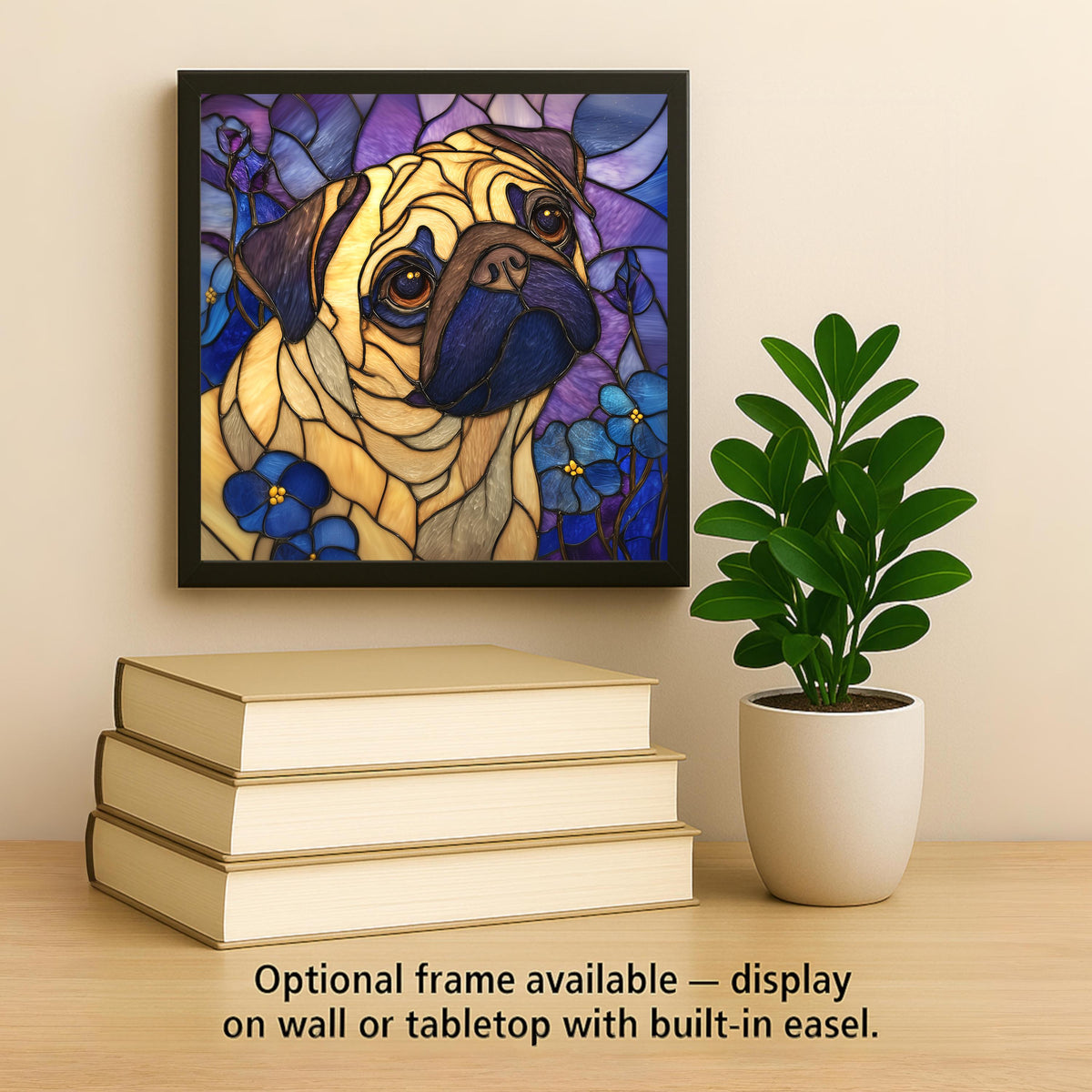 Pug Stained Glass Style Ceramic Tile Wall Art Forget Me Not Flowers Pet Memorial Keepsake Dog Mom Decor Lavender Glass