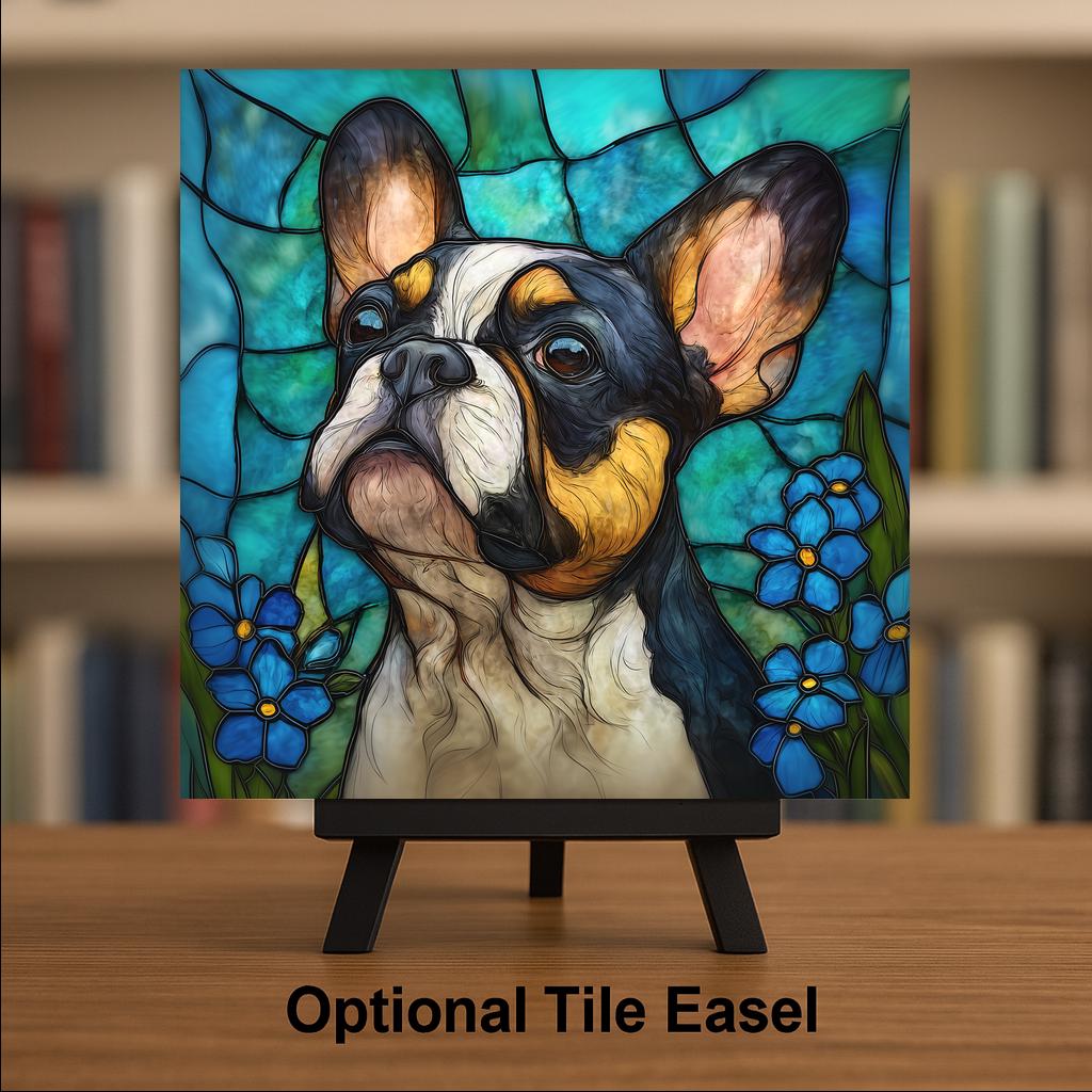 French Bulldog Stained Glass Style Ceramic Tile Wall Art Forget Me Not Flowers Pet Memorial Keepsake Dog Lover Decor