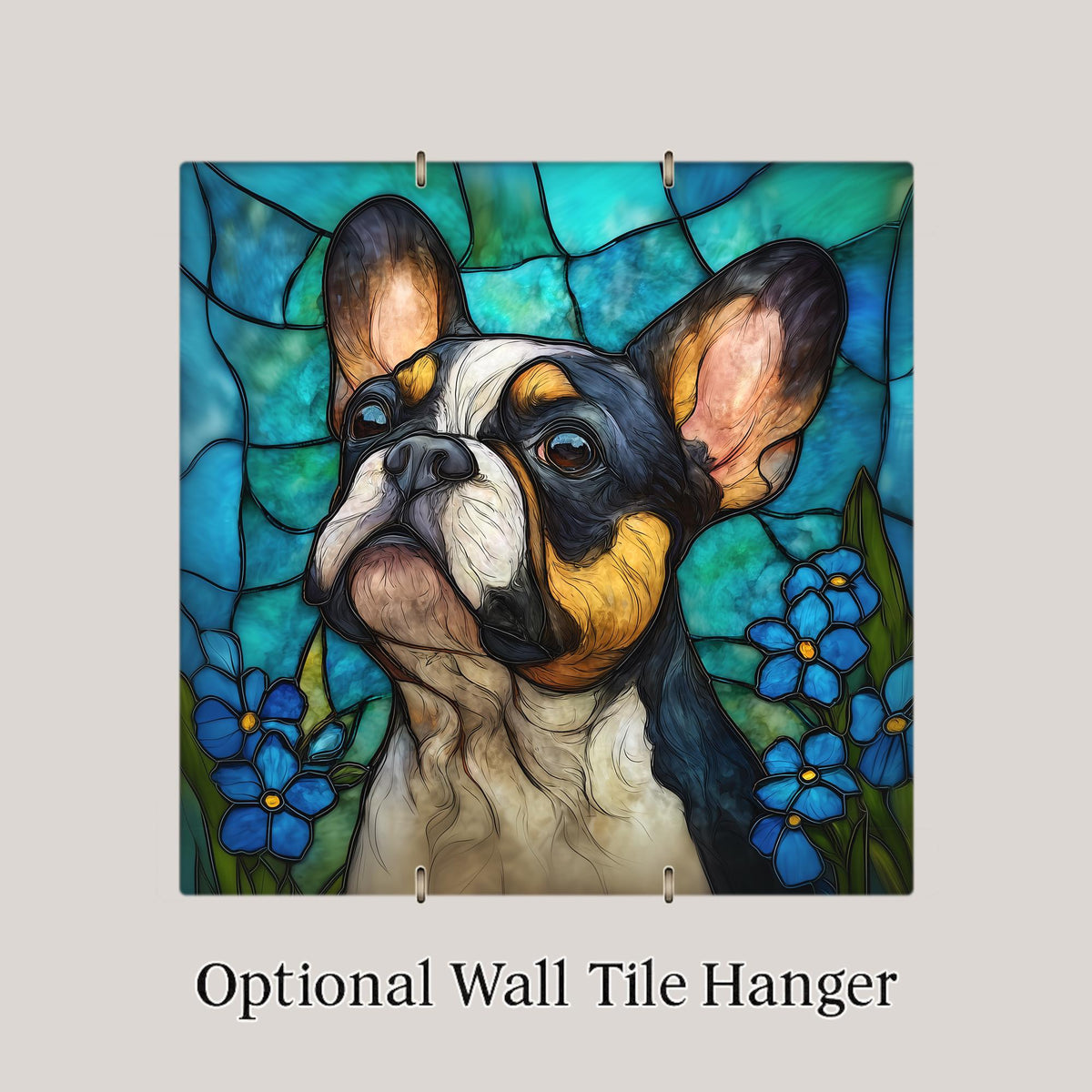 French Bulldog Stained Glass Style Ceramic Tile Wall Art Forget Me Not Flowers Pet Memorial Keepsake Dog Lover Decor
