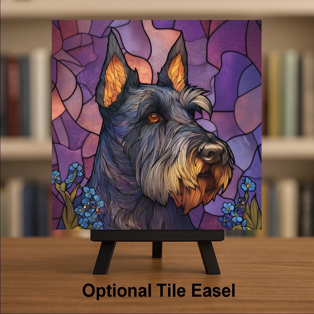 Scottish Terrier Stained Glass Style Ceramic Tile Wall Art Blue Wildflowers Pet Memorial Keepsake Scottie Dog Decor