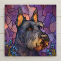 Stained glass style portrait of a black Scottish Terrier with upright ears, wiry beard and one amber eye, black leaded lines over purple and rose glass, small blue wildflowers at the lower corners, printed on a glossy ceramic art tile.