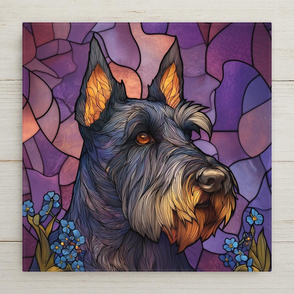 Stained glass style portrait of a black Scottish Terrier with upright ears, wiry beard and one amber eye, black leaded lines over purple and rose glass, small blue wildflowers at the lower corners, printed on a glossy ceramic art tile.
