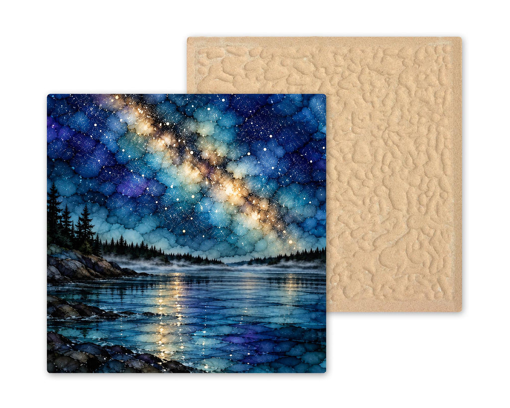 Boundary Waters Ceramic Tile Wall Art Alcohol Ink Style Milky Way Starry Night Over Misty Lake Granite Shore Lake House Decor