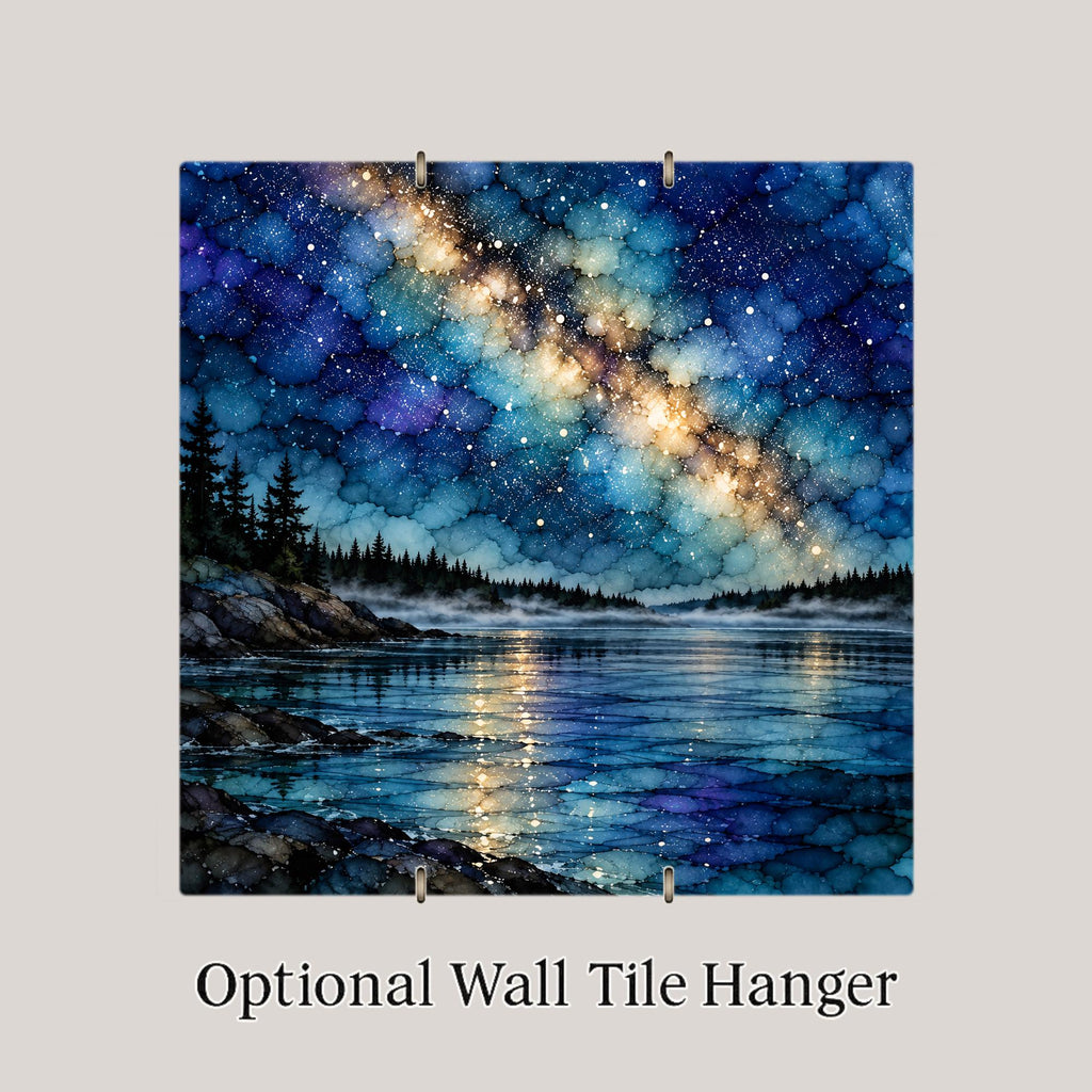 Boundary Waters Ceramic Tile Wall Art Alcohol Ink Style Milky Way Starry Night Over Misty Lake Granite Shore Lake House Decor
