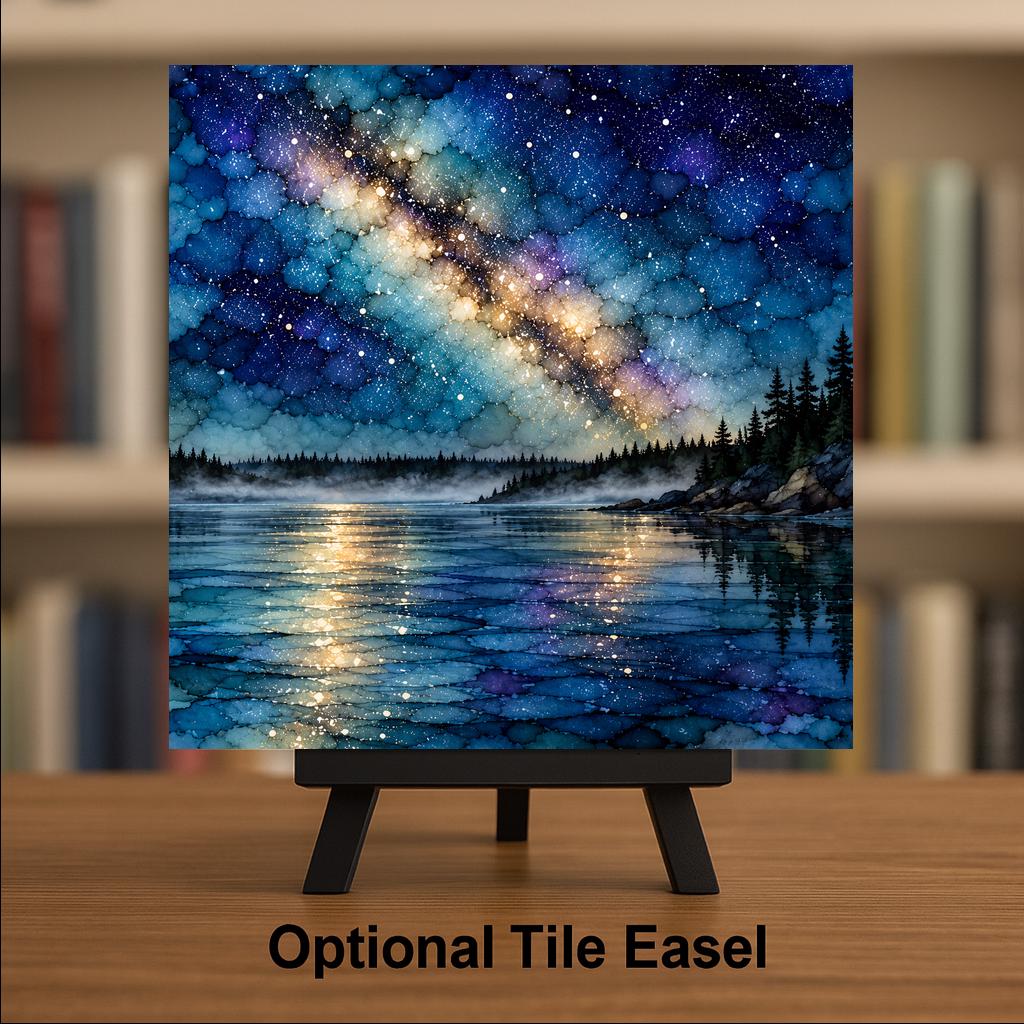 Boundary Waters Milky Way Ceramic Tile Wall Art Alcohol Ink Style Starry Night Reflected on Still Pine Lake Lake House Decor