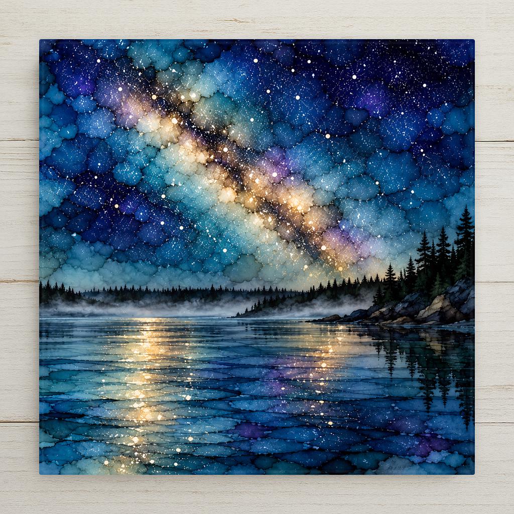 Alcohol ink style ceramic art tile of the Milky Way over open water in the Boundary Waters, a band of stars in gold and violet reflected down a still lake, mist on the far shore and a granite point with pines on the right